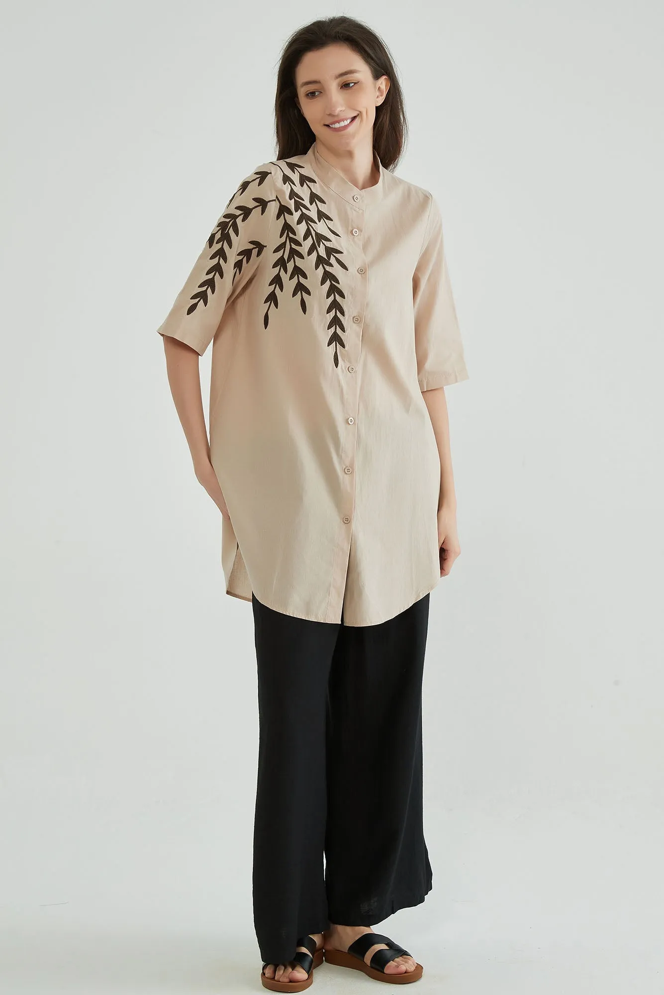 Almond Beige Women Embroidered Kaftan