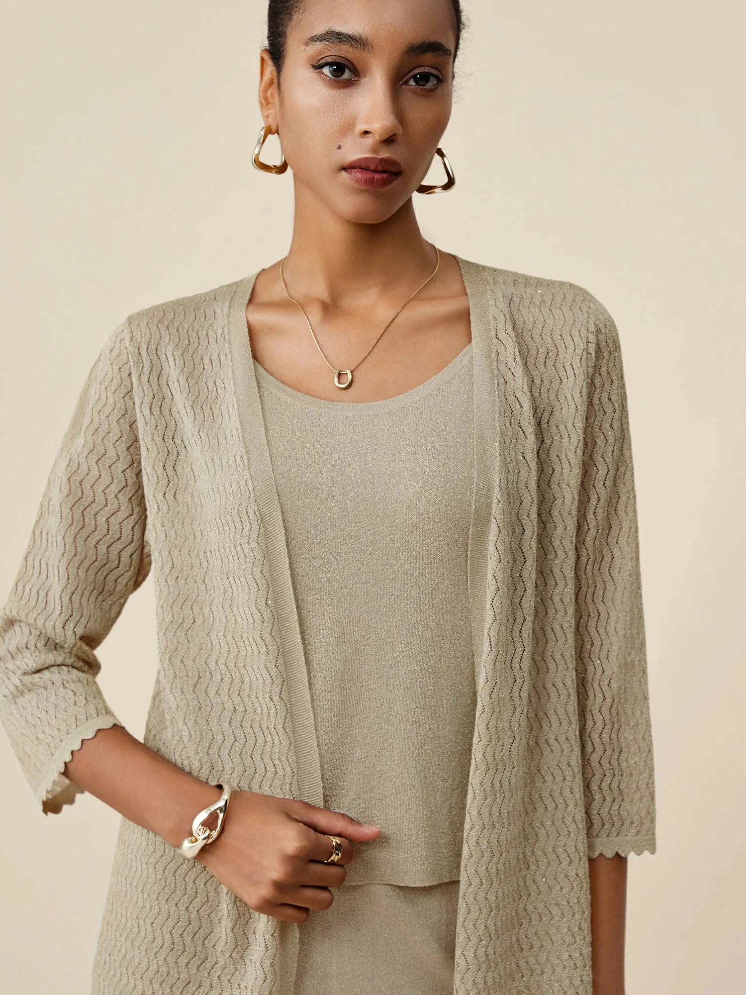 Amoretu Gold Silver Yarn Mid-Sleeve Simple Cardigan