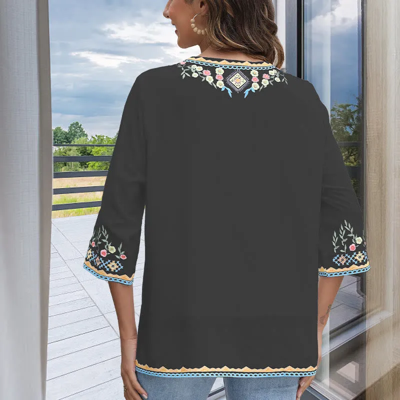 Buddha Stones Spring Daily Embroidery Flower Pattern Long Sleeve V-neck Cotton Women's T-Shirt