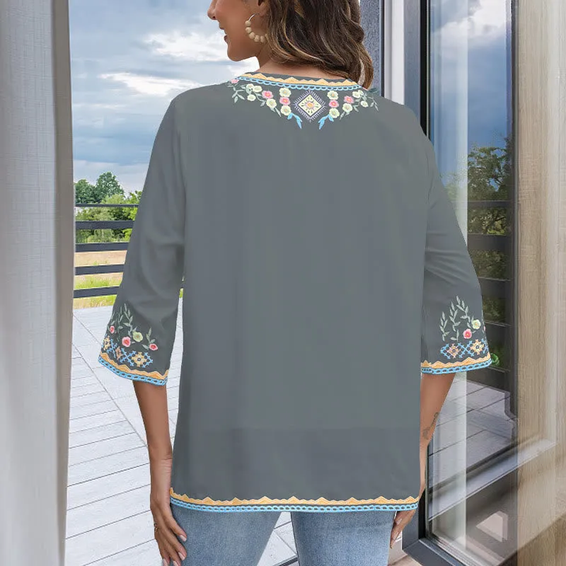 Buddha Stones Spring Daily Embroidery Flower Pattern Long Sleeve V-neck Cotton Women's T-Shirt