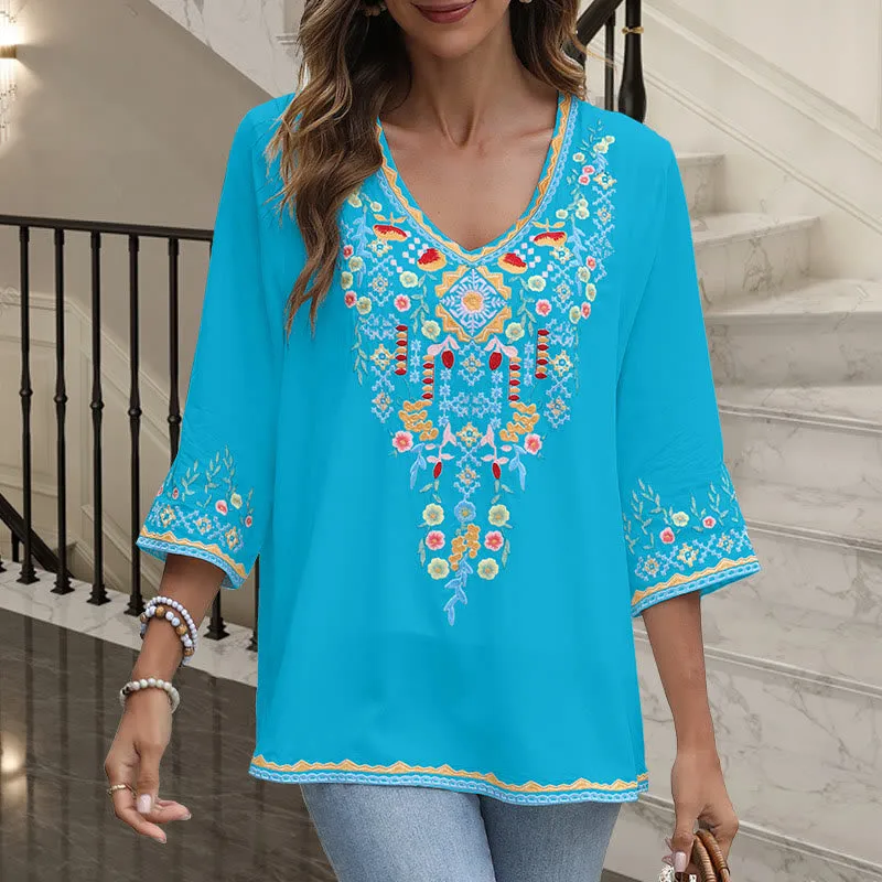 Buddha Stones Spring Daily Embroidery Flower Pattern Long Sleeve V-neck Cotton Women's T-Shirt
