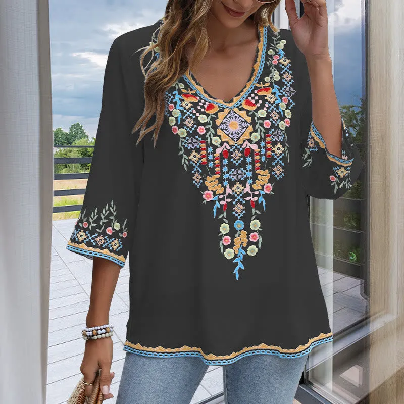 Buddha Stones Spring Daily Embroidery Flower Pattern Long Sleeve V-neck Cotton Women's T-Shirt