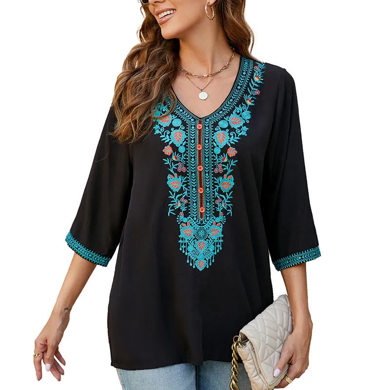 Buddha Stones Summer Casual Embroidery Flower Leaf Half Sleeve V-neck Cotton Women's T-Shirt
