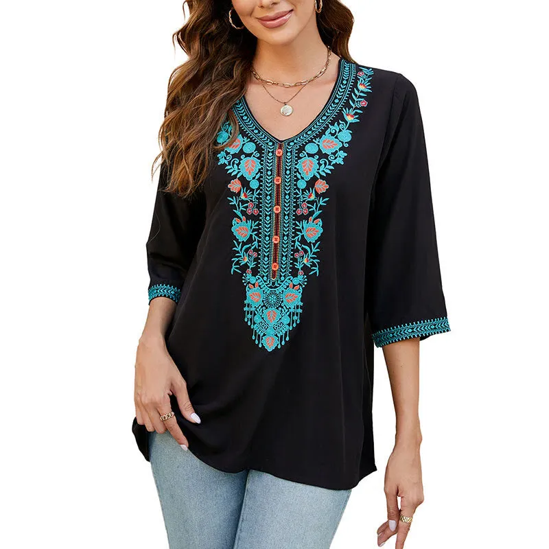 Buddha Stones Summer Casual Embroidery Flower Leaf Half Sleeve V-neck Cotton Women's T-Shirt