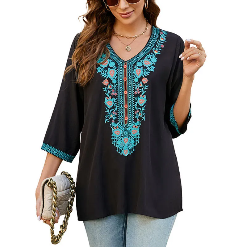 Buddha Stones Summer Casual Embroidery Flower Leaf Half Sleeve V-neck Cotton Women's T-Shirt
