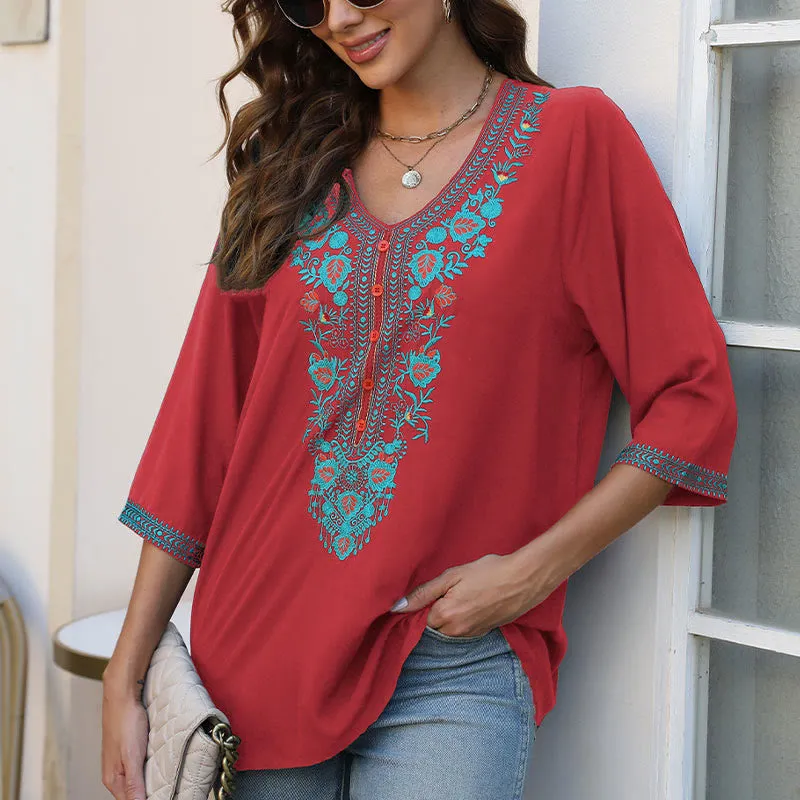 Buddha Stones Summer Casual Embroidery Flower Leaf Half Sleeve V-neck Cotton Women's T-Shirt