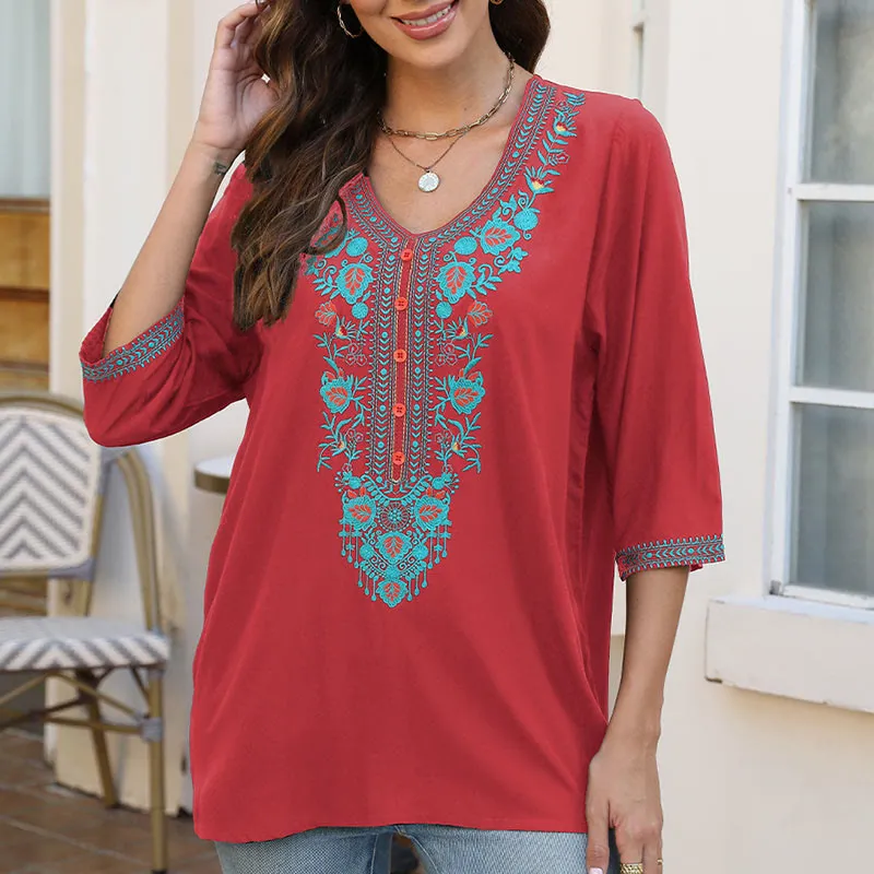 Buddha Stones Summer Casual Embroidery Flower Leaf Half Sleeve V-neck Cotton Women's T-Shirt