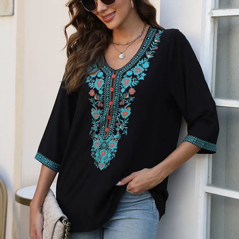Buddha Stones Summer Casual Embroidery Flower Leaf Half Sleeve V-neck Cotton Women's T-Shirt