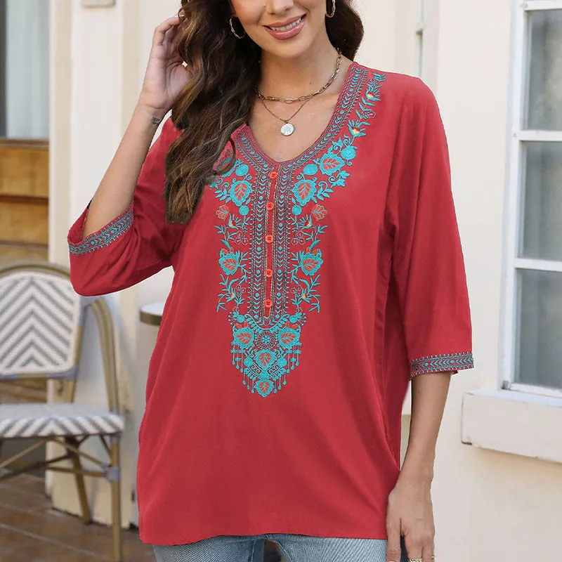Buddha Stones Summer Casual Embroidery Flower Leaf Half Sleeve V-neck Cotton Women's T-Shirt