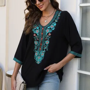 Buddha Stones Summer Casual Embroidery Flower Leaf Half Sleeve V-neck Cotton Women's T-Shirt