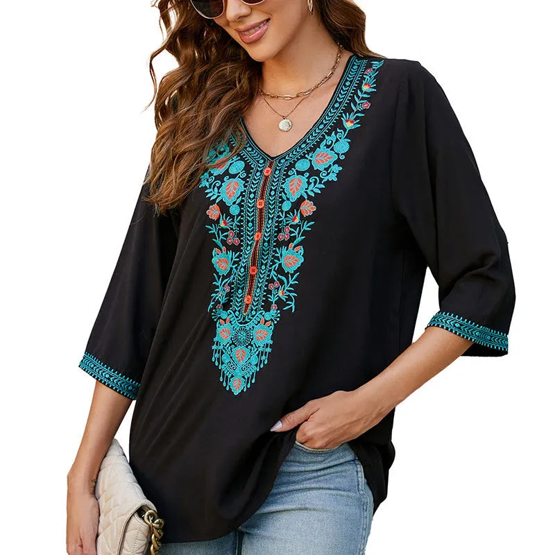 Buddha Stones Summer Casual Embroidery Flower Leaf Half Sleeve V-neck Cotton Women's T-Shirt
