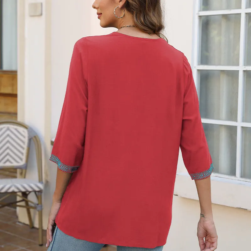 Buddha Stones Summer Casual Embroidery Flower Leaf Half Sleeve V-neck Cotton Women's T-Shirt