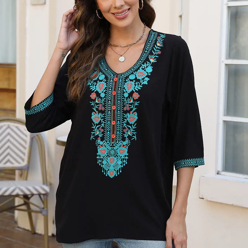 Buddha Stones Summer Casual Embroidery Flower Leaf Half Sleeve V-neck Cotton Women's T-Shirt
