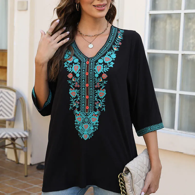 Buddha Stones Summer Casual Embroidery Flower Leaf Half Sleeve V-neck Cotton Women's T-Shirt