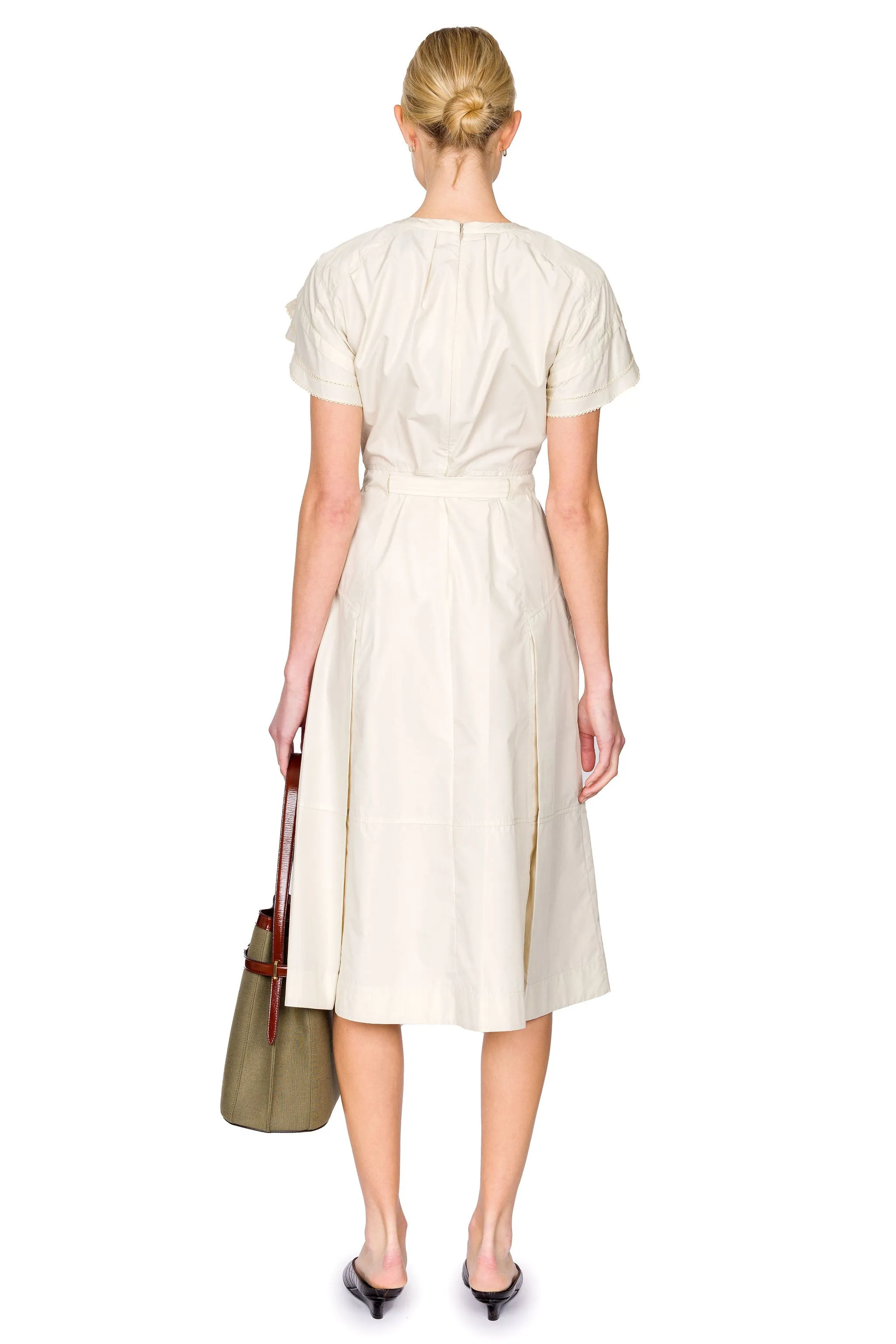 Cascade Drape Short Sleeve Belted Midi Dress