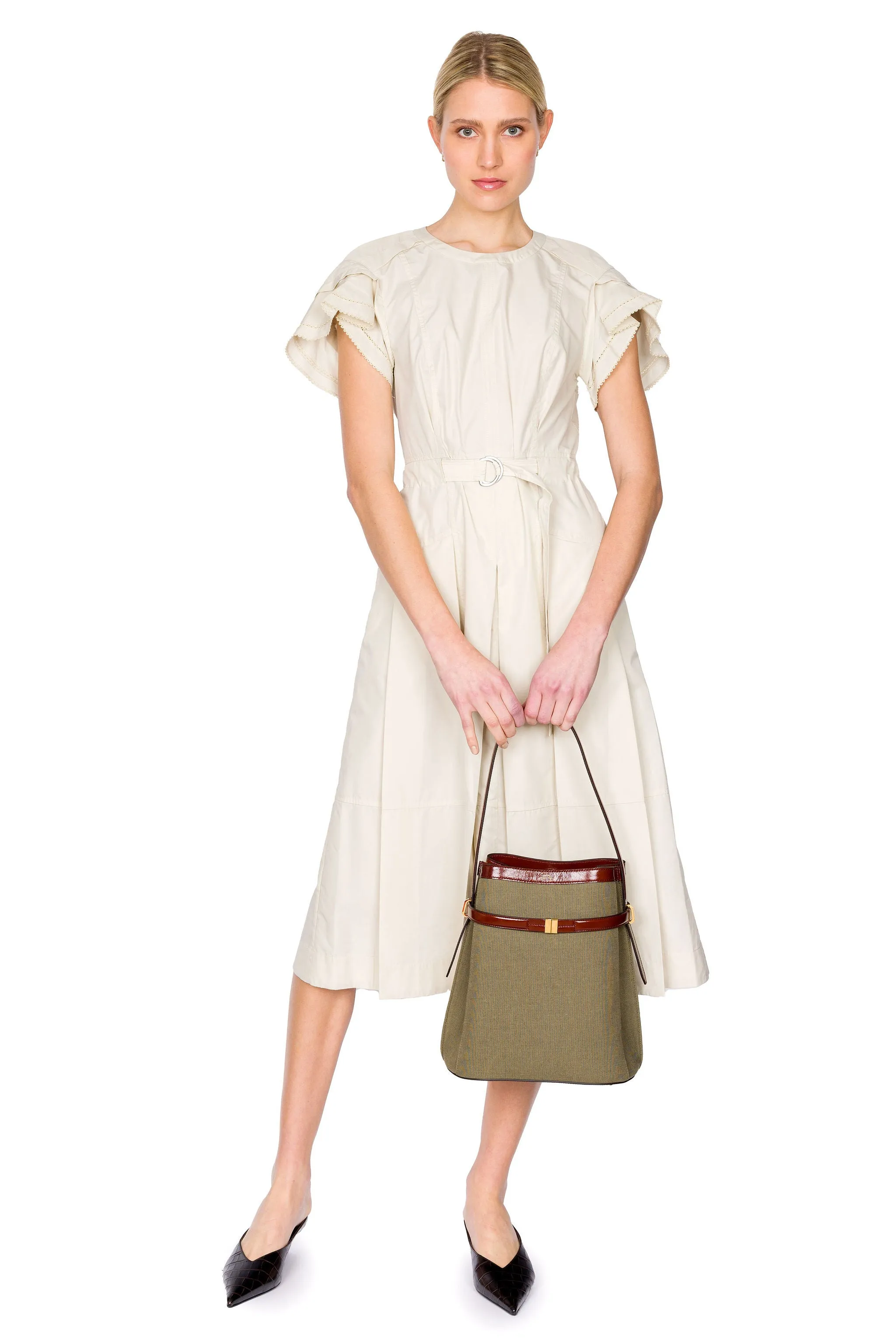 Cascade Drape Short Sleeve Belted Midi Dress