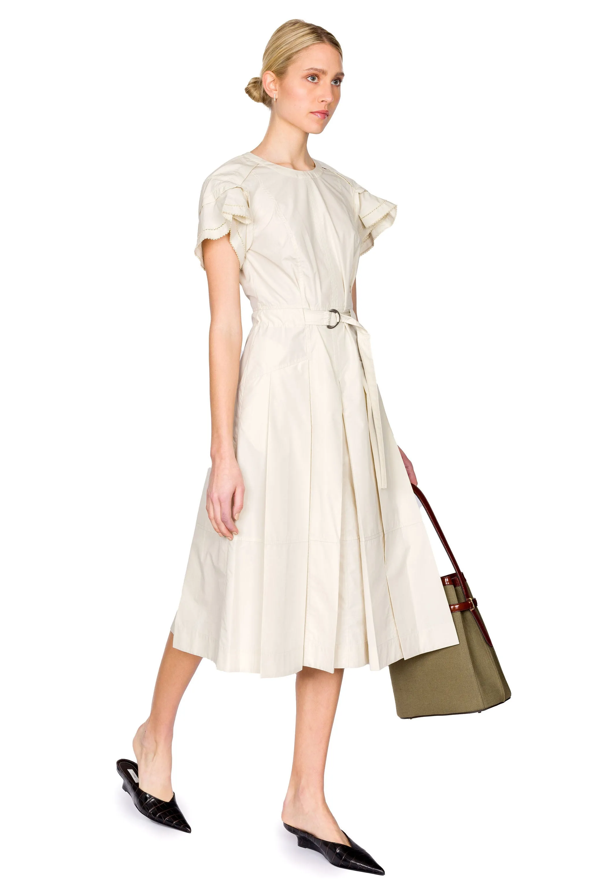 Cascade Drape Short Sleeve Belted Midi Dress