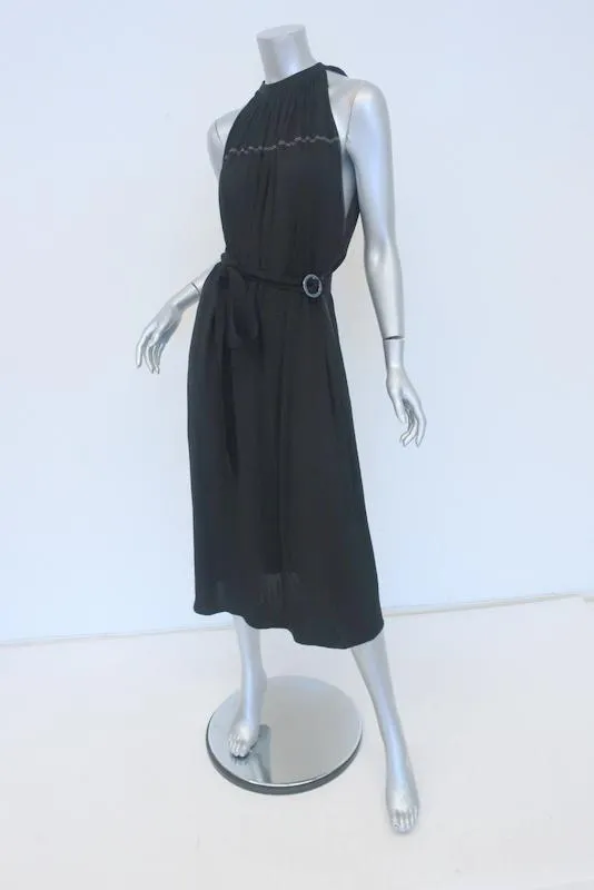 Helmut Lang Dress Black Shirred Jersey Size Extra Small Belted Halter Midi