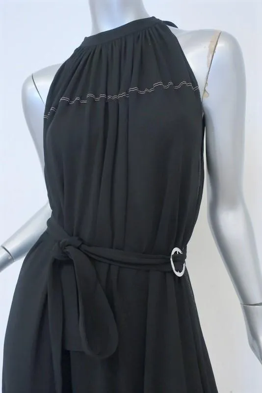 Helmut Lang Dress Black Shirred Jersey Size Extra Small Belted Halter Midi