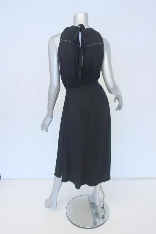 Helmut Lang Dress Black Shirred Jersey Size Extra Small Belted Halter Midi
