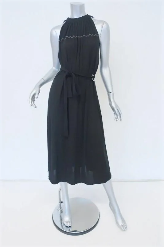 Helmut Lang Dress Black Shirred Jersey Size Extra Small Belted Halter Midi