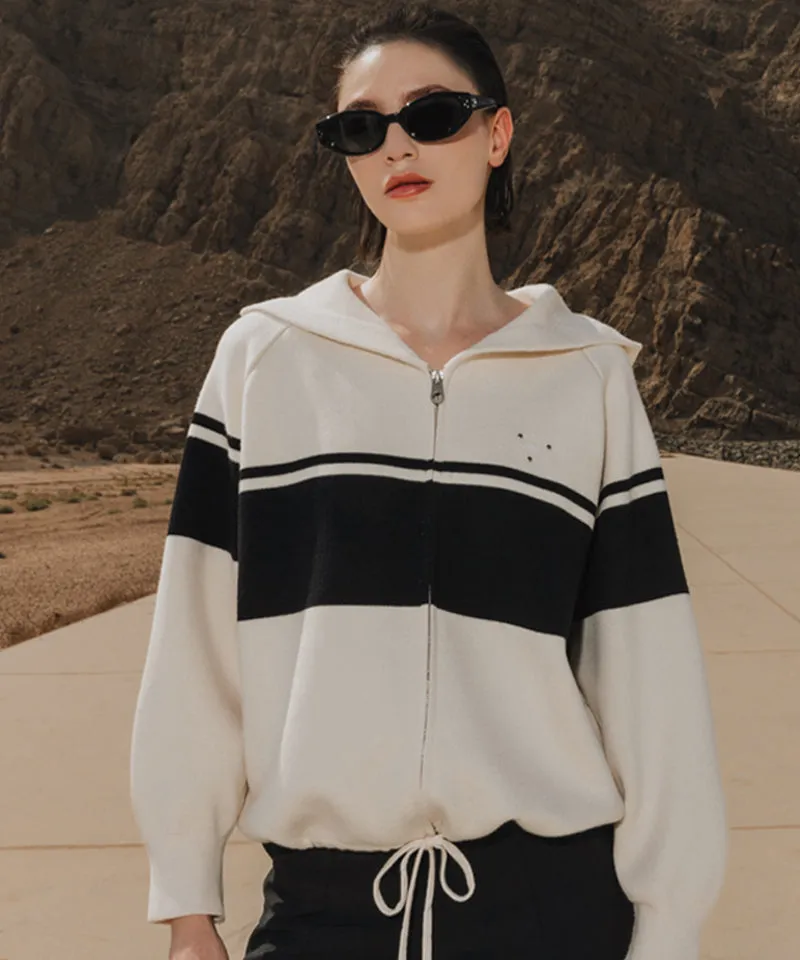 OBER Golf Color Block Hooded Knit Cardigan - Light Beige