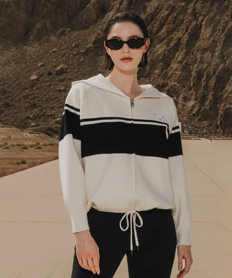OBER Golf Color Block Hooded Knit Cardigan - Light Beige