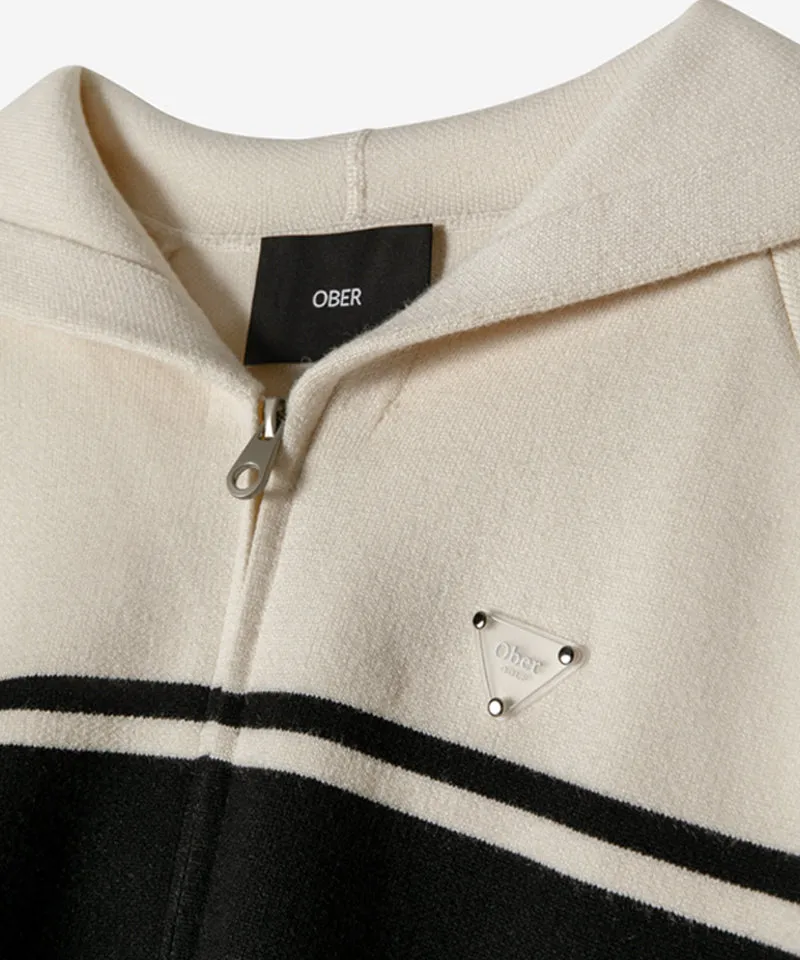 OBER Golf Color Block Hooded Knit Cardigan - Light Beige