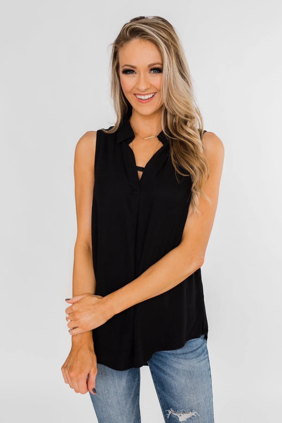Taking Chances Collar Tank Top- Black