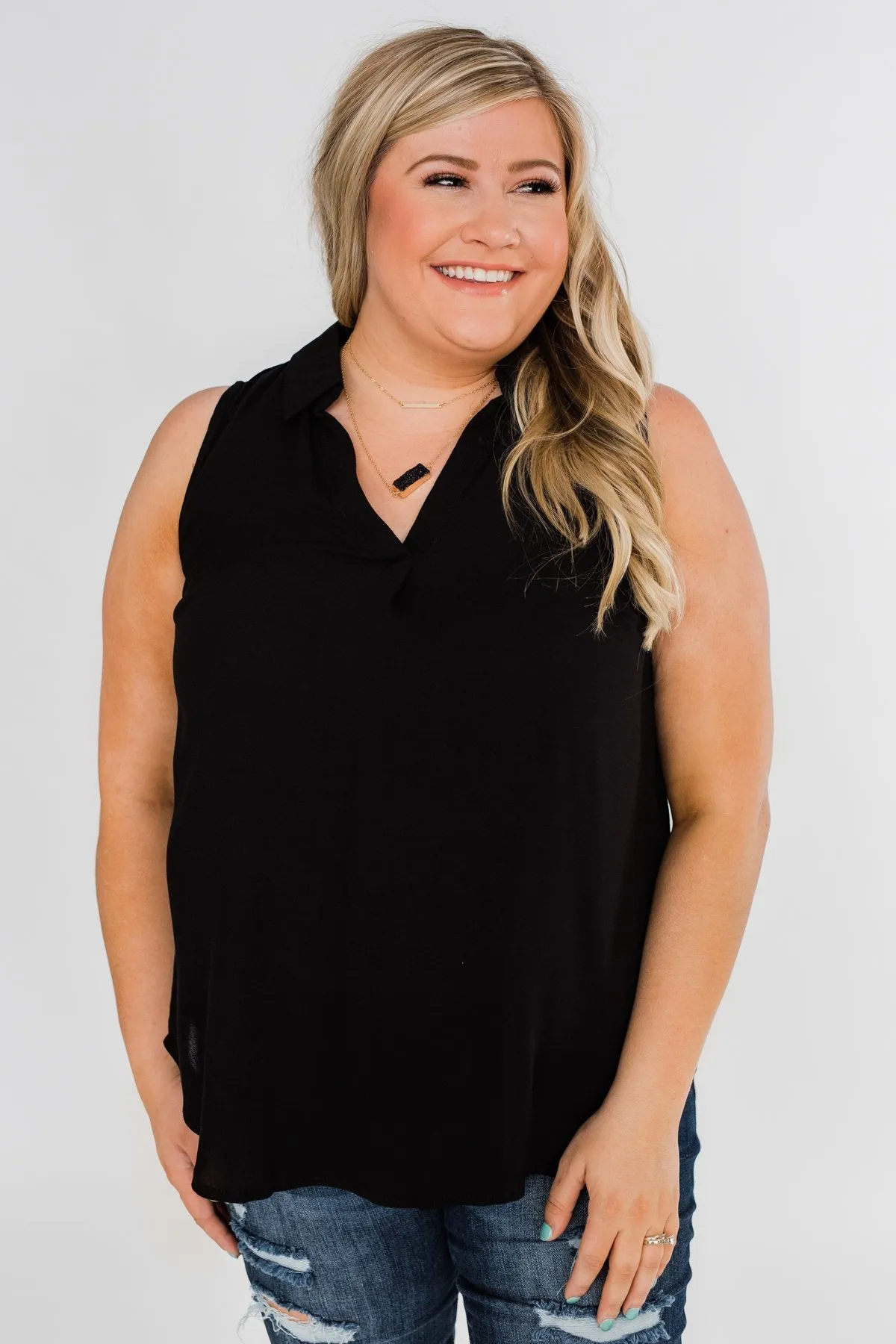 Taking Chances Collar Tank Top- Black