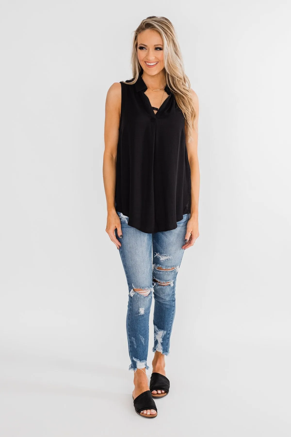Taking Chances Collar Tank Top- Black