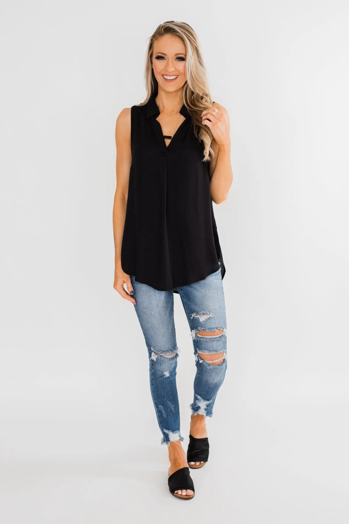 Taking Chances Collar Tank Top- Black