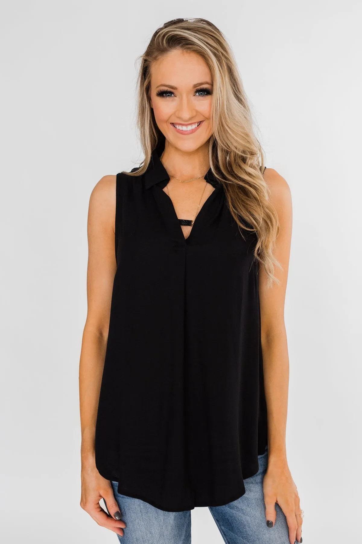 Taking Chances Collar Tank Top- Black
