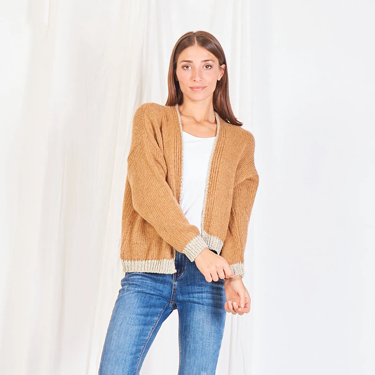 Wholesale knitted cardigan with lamé detail