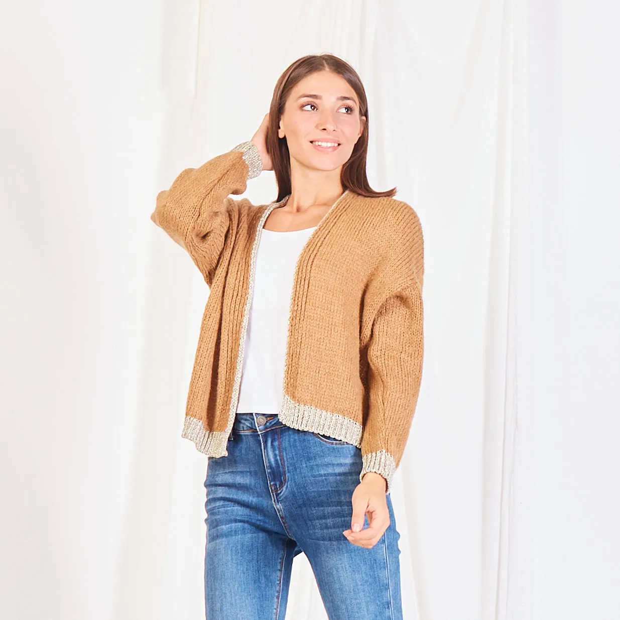 Wholesale knitted cardigan with lamé detail