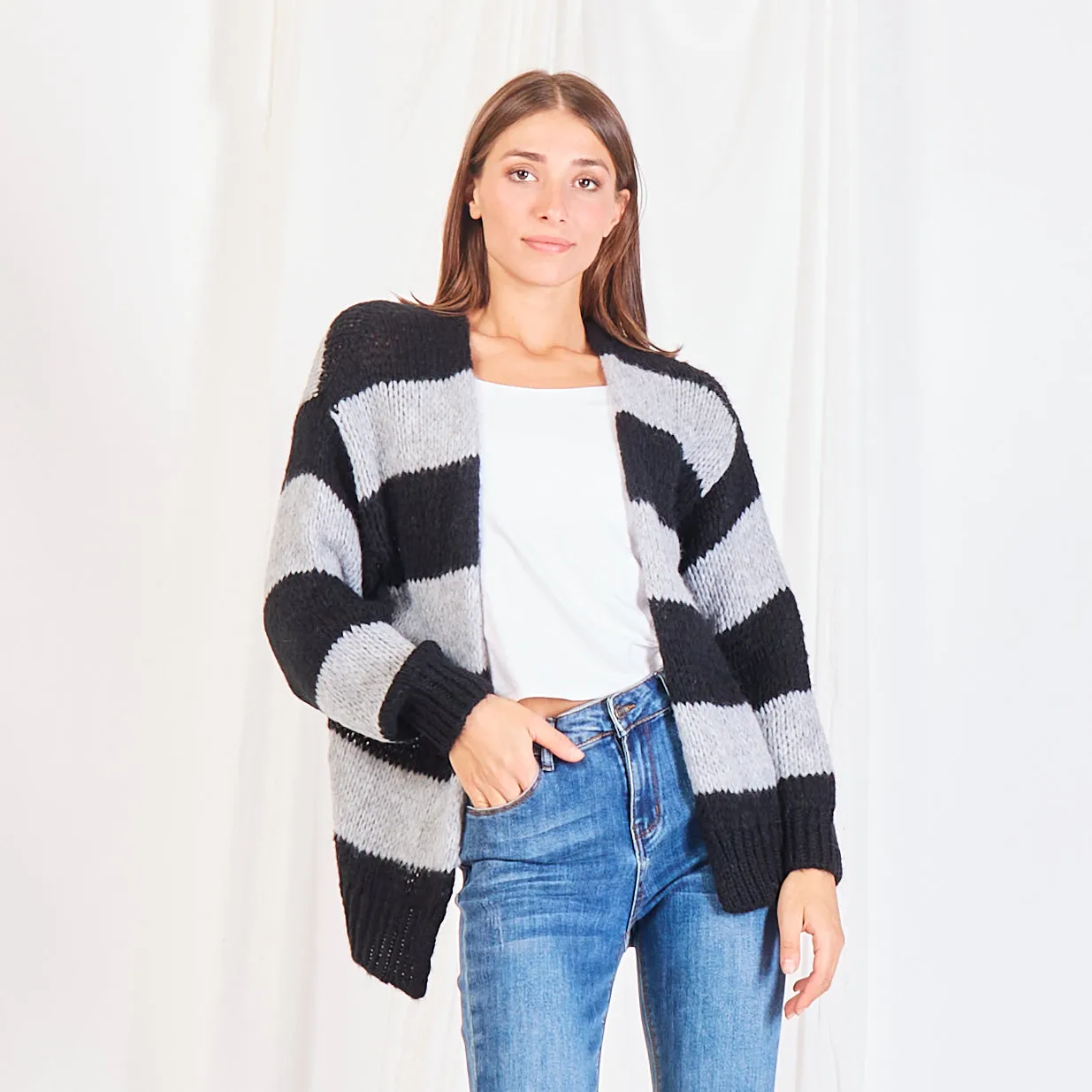Wholesale striped cardigan in color block